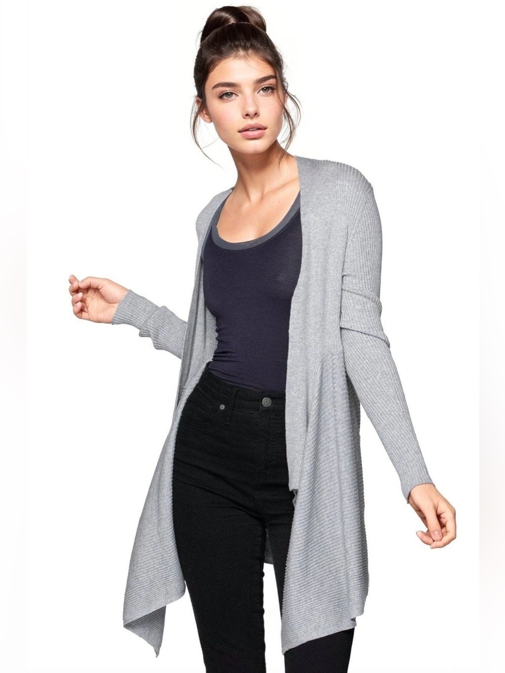 Subtle Luxury Light Gray Open-Front Ribbed Cardigan